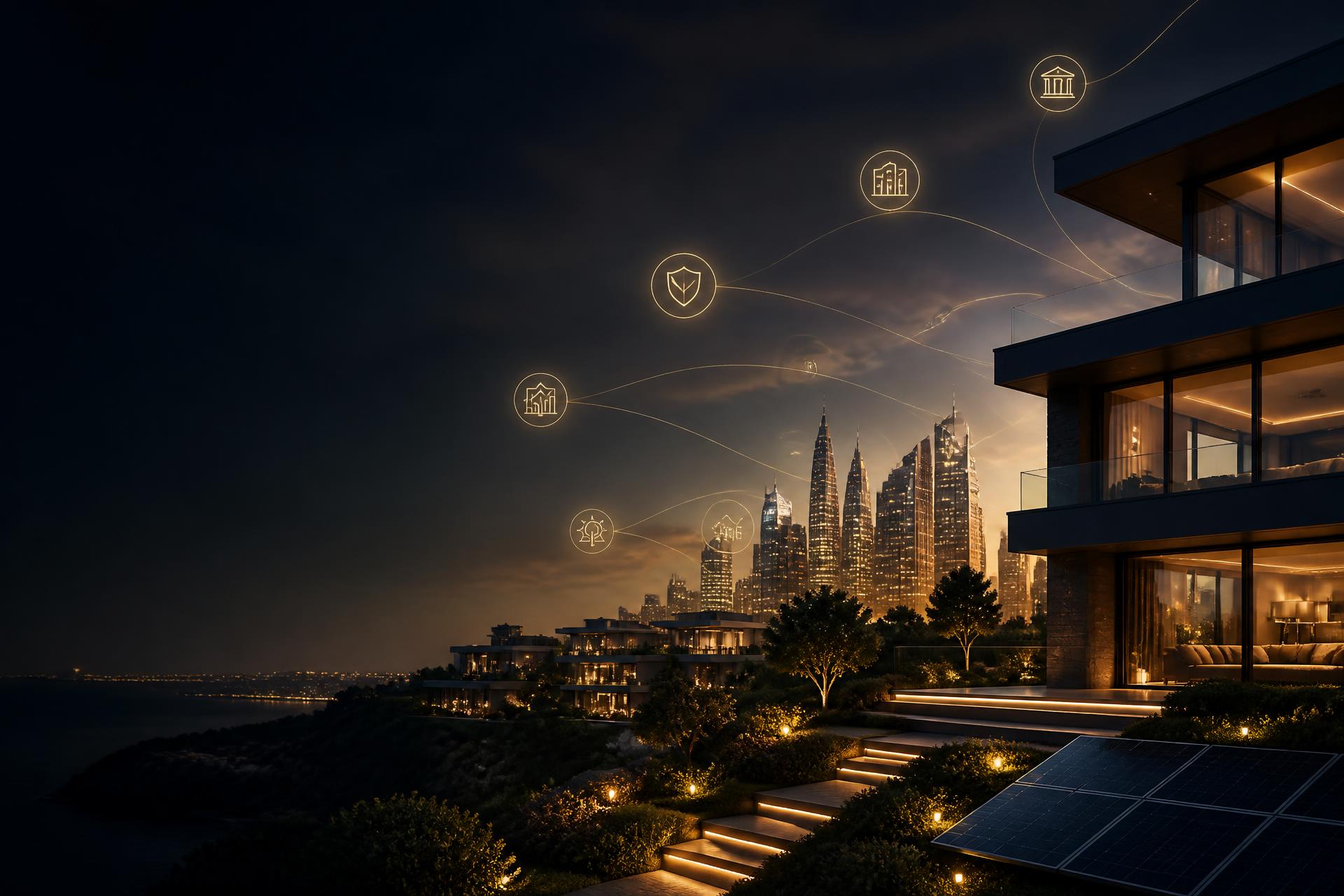 Arquitetura Patrimonial Integrada — residência de alto padrão com skyline financeiro ao entardecer